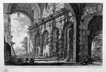 Ansicht des oberen Stockwerks des von Domitian erbauten Tiergeheges, das für das Amphitheater Flavius genutzt wurde, und allgemein als Curia Ostilia bekannt ist